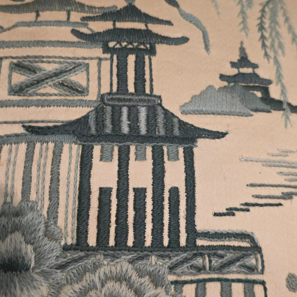 Vintage Asian Round Silk Embroidered Pillow Pagoda Landscape Style Green 14.5in